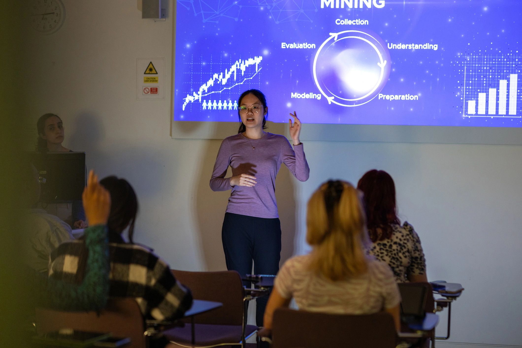 University students presenting research in a classroom